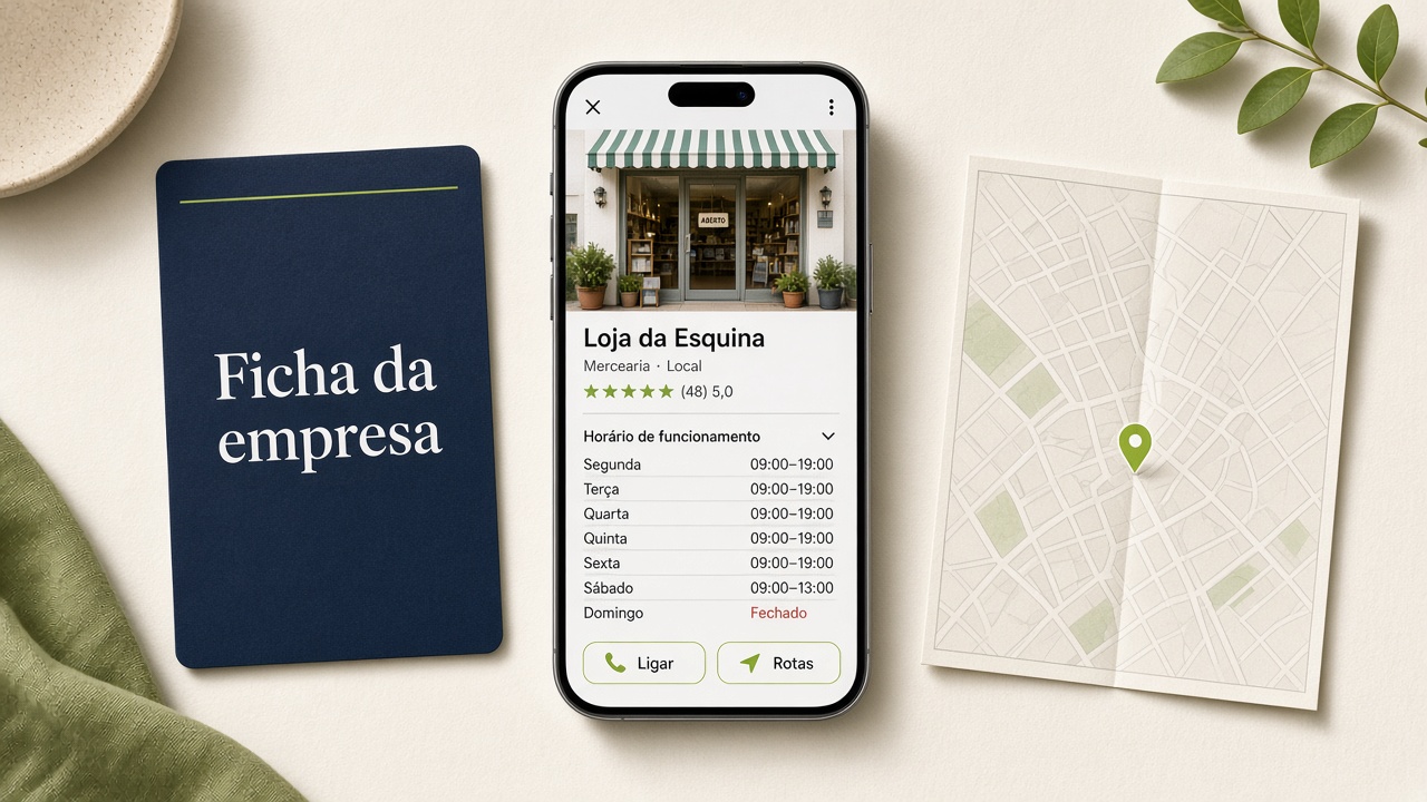 Celular com a ficha pública de uma loja, cartão escrito Ficha da empresa e um mapa com um pin