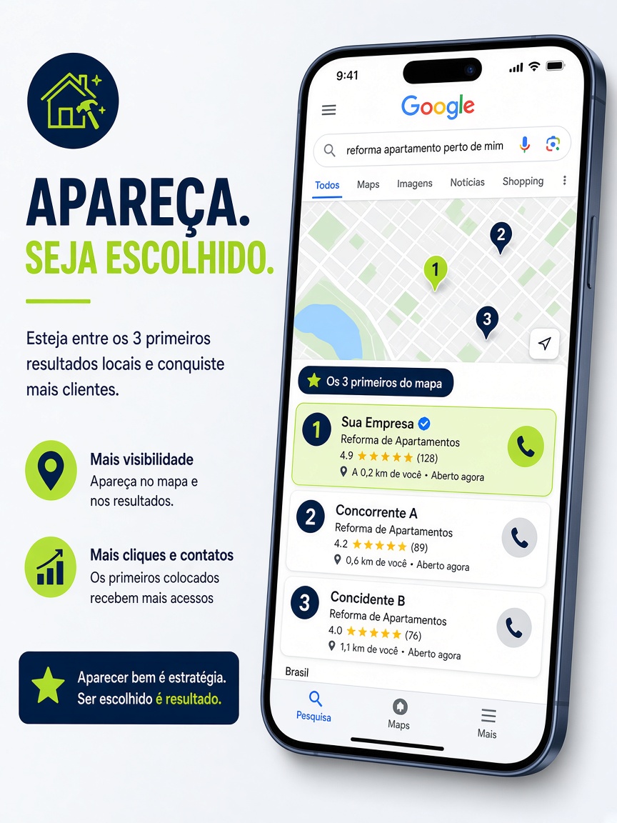 Celular mostrando os 3 primeiros resultados do Google Maps com Sua Empresa em destaque