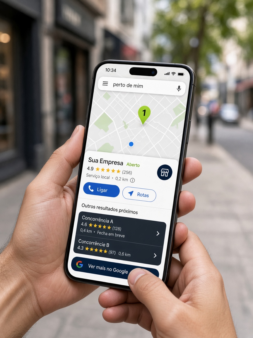 Cliente busca “perto de mim” no celular e vê sua empresa em 1º no mapa do Google, pronta para Ligar ou Rotas